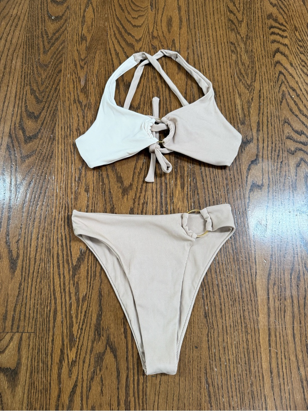 SHEIN Beige Ribbed Ring Cheeky Bikini Set